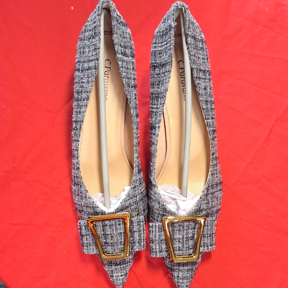 Gray Pointed Toe Flats with Buckle Detail